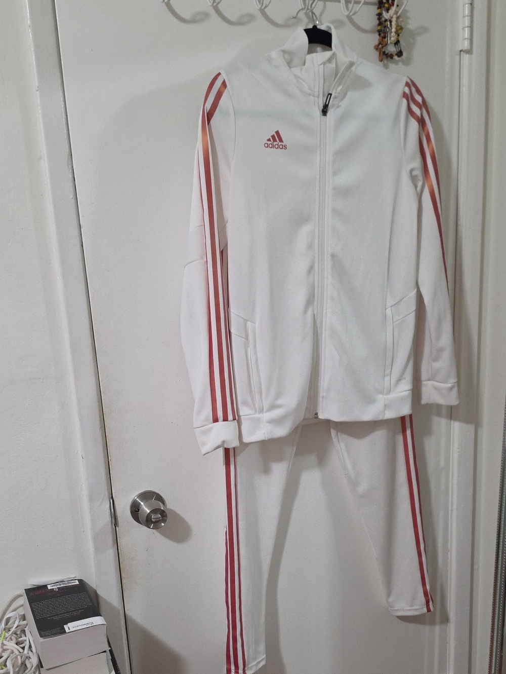 adidas White Track Jacket & Pants with Bronze Stripes